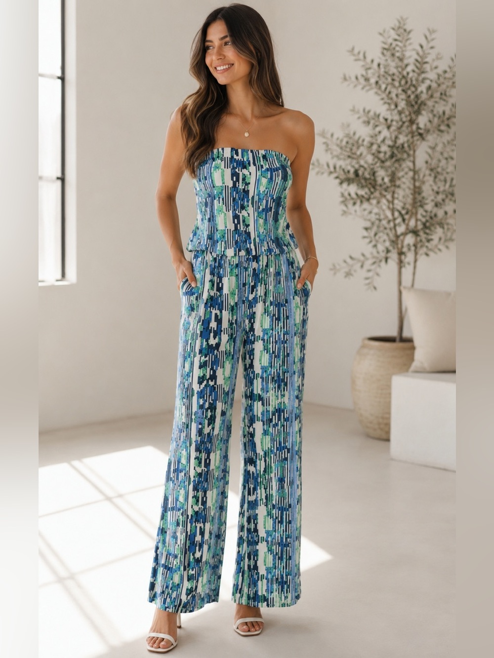 Tart Collections Val Strapless Wide-Leg Jumpsuit | Blue Geometric Print